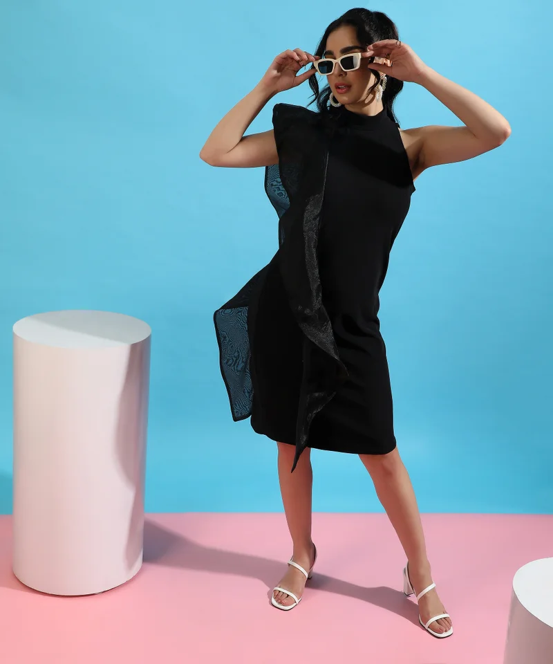 بينيا كولادا Women's Obsidian Black Asymetrical Dress With Organza Detail For Casual Wear | Mock Neck | No Sleeves | Zipper Closure | Dress Designed With Comfortable Fit For Woman & Girls